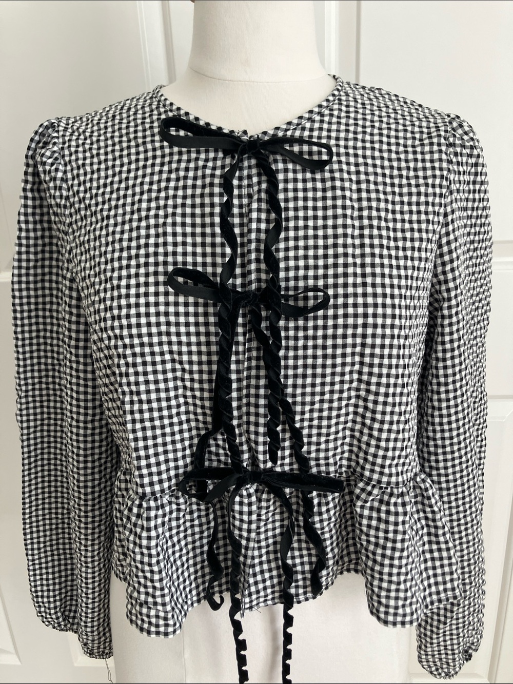 Black & White Gingham Tie-Front Peplum Top